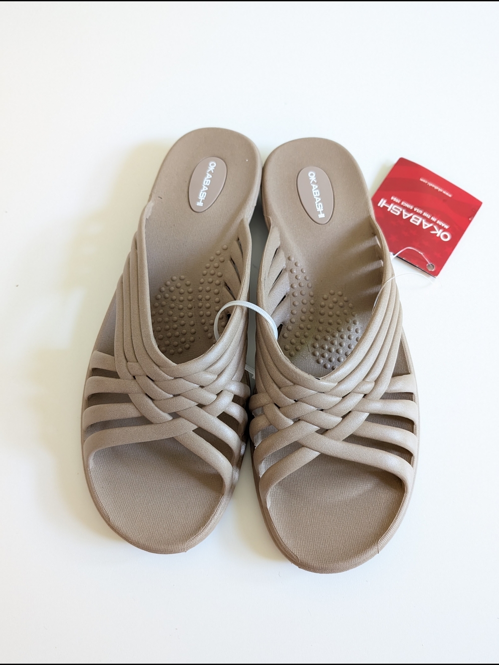 Okabashi Women's Woven Slide Sandals in Taupe Beige Sz 9